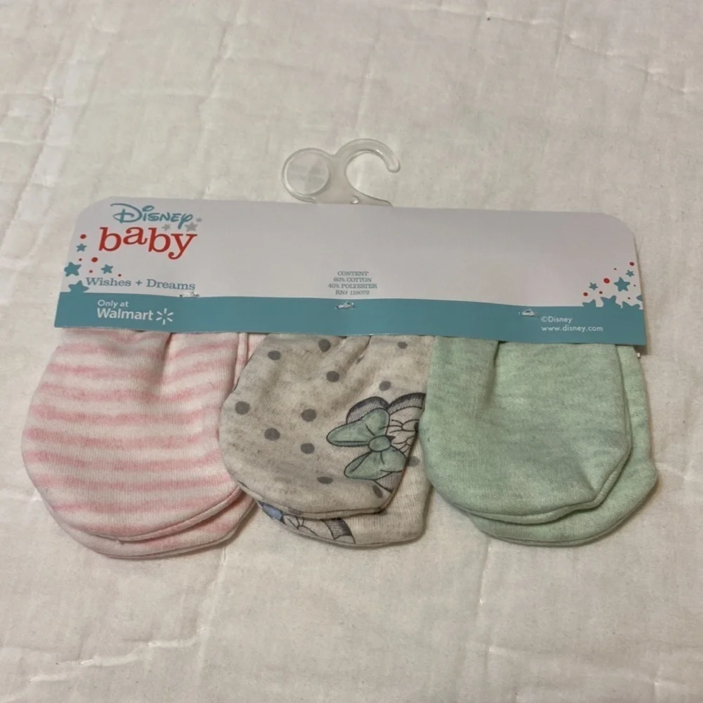NEW Disney Minnie Mouse Baby Girl's Mittens, 3-Pack elastic scratch free infant